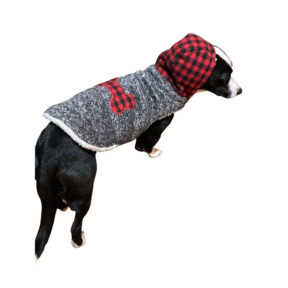 Doodle & Co L Dog Coat Hoodie Buffalo Plaid Bone Gray Red Pet Sherpa Lined‎